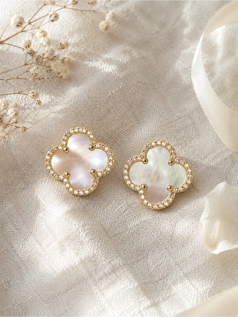 925 Sterling Gold Clover Stud Earrings Mother Pearl CZ Halo Alhambra Style